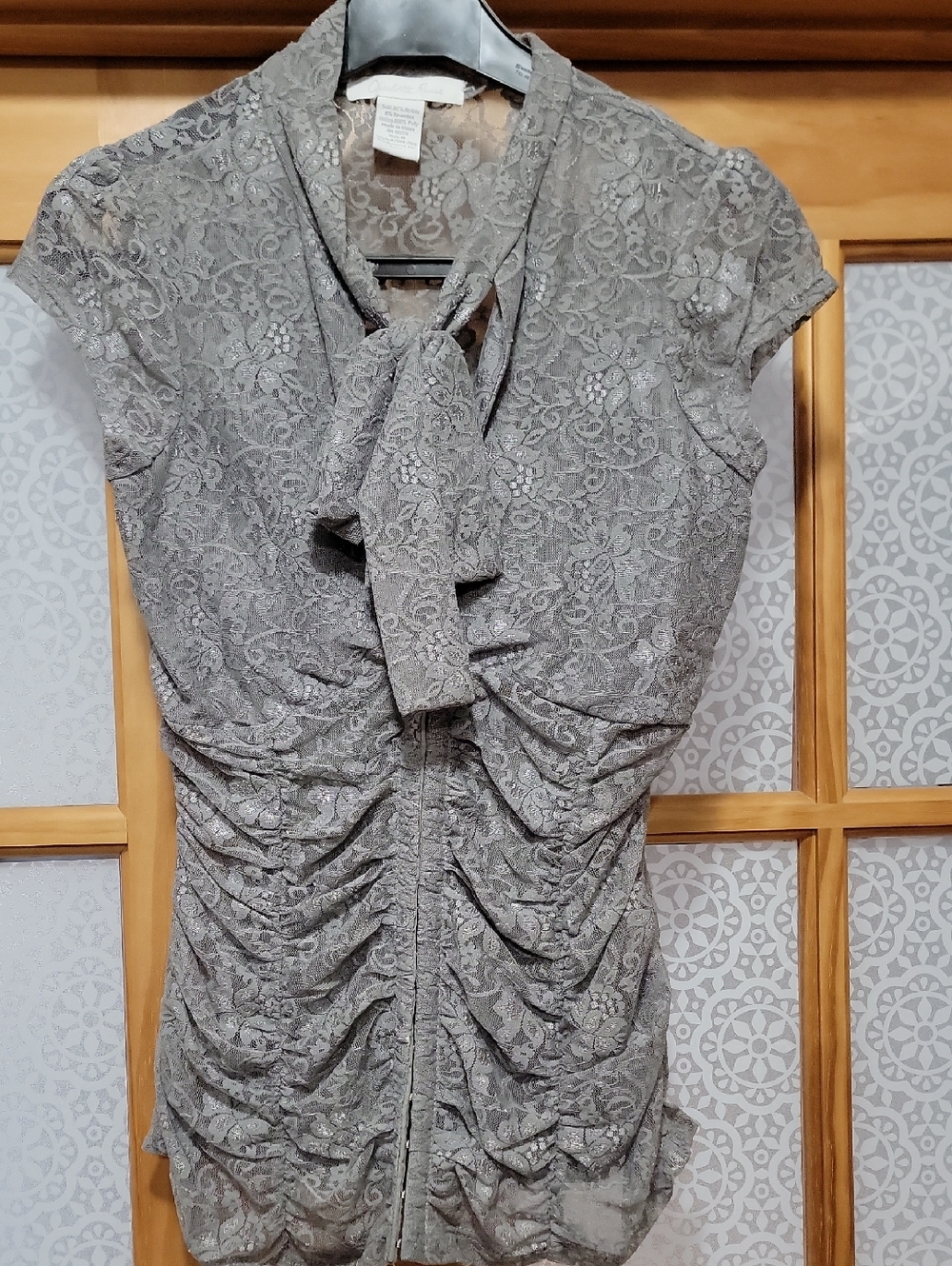 Charlotte Russe Gray Lace Tie-Neck Ruched Blouse